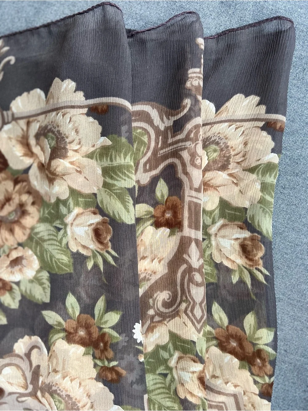 Vintage Floral 100% Silk Scarf Made in Italy Brown & Green Square Retro Feminine